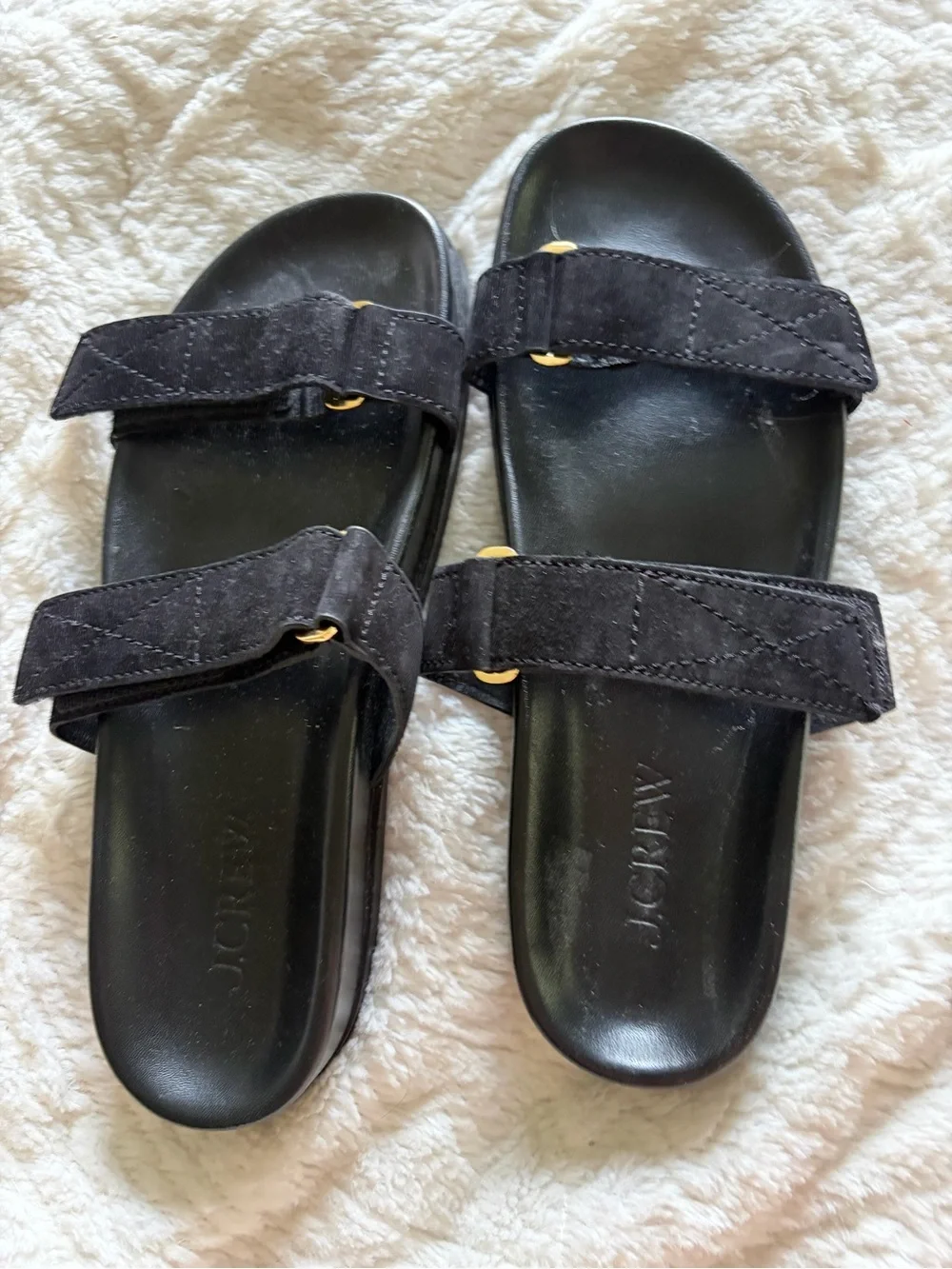 J. Crew Colbie Black Double-Strap Slide Sandals in suede and leather